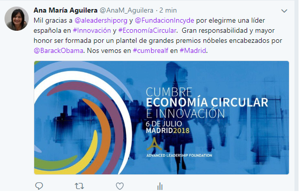 Ana M Aguilera es elegida una de las lderes en innovacin y economa circular por la Adv