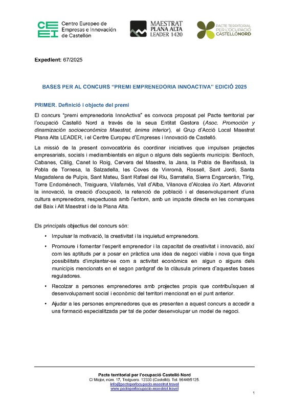 Bases concurs premi emprenedoria InnoActiva edició 2025 (CEEI Castelló, GAL Maestrat Plana Alta i Pacte Castelló Nord)